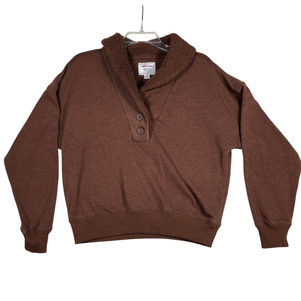 American Eagle Sherpa Collared Henley Sweatshirt Womens Small Brown Cozy Fleece
